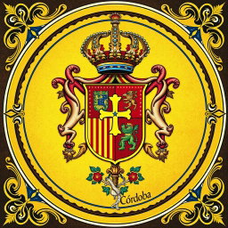 A detailed depiction of the heraldic symbol of Córdoba, featuring vibrant colors and intricate patterns