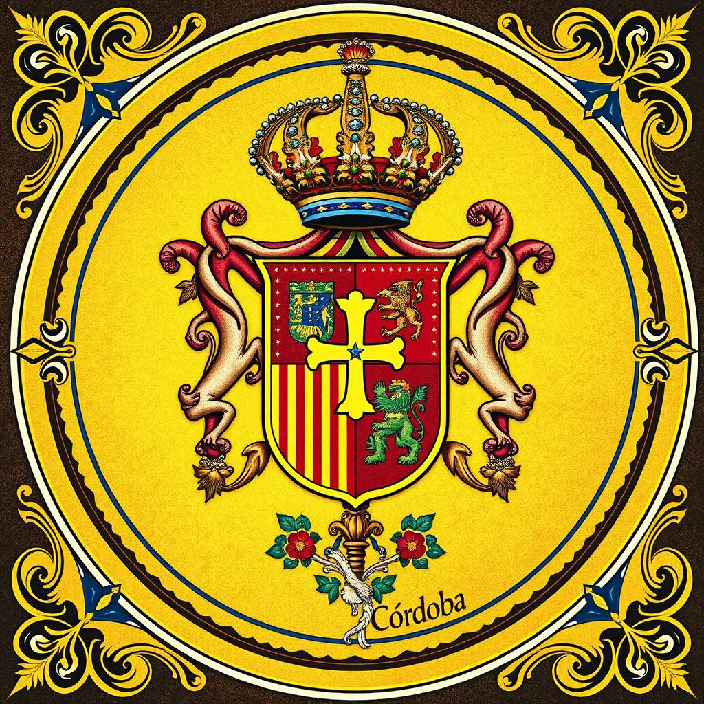 A detailed depiction of the heraldic symbol of Córdoba, featuring vibrant colors and intricate patterns
