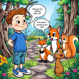 Max, a cheerful boy with short brown hair and freckles, dressed in a blue t-shirt, denim shorts, and sneakers, interacts with three talking animals: a wise owl perched gracefully on a branch, a playful fox with bright orange fur, and a curious squirrel with a fluffy tail