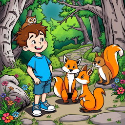 Max, a cheerful boy with short brown hair and freckles, dressed in a blue t-shirt, denim shorts, and sneakers, interacts with three talking animals: a wise owl perched gracefully on a branch, a playful fox with bright orange fur, and a curious squirrel with a fluffy tail