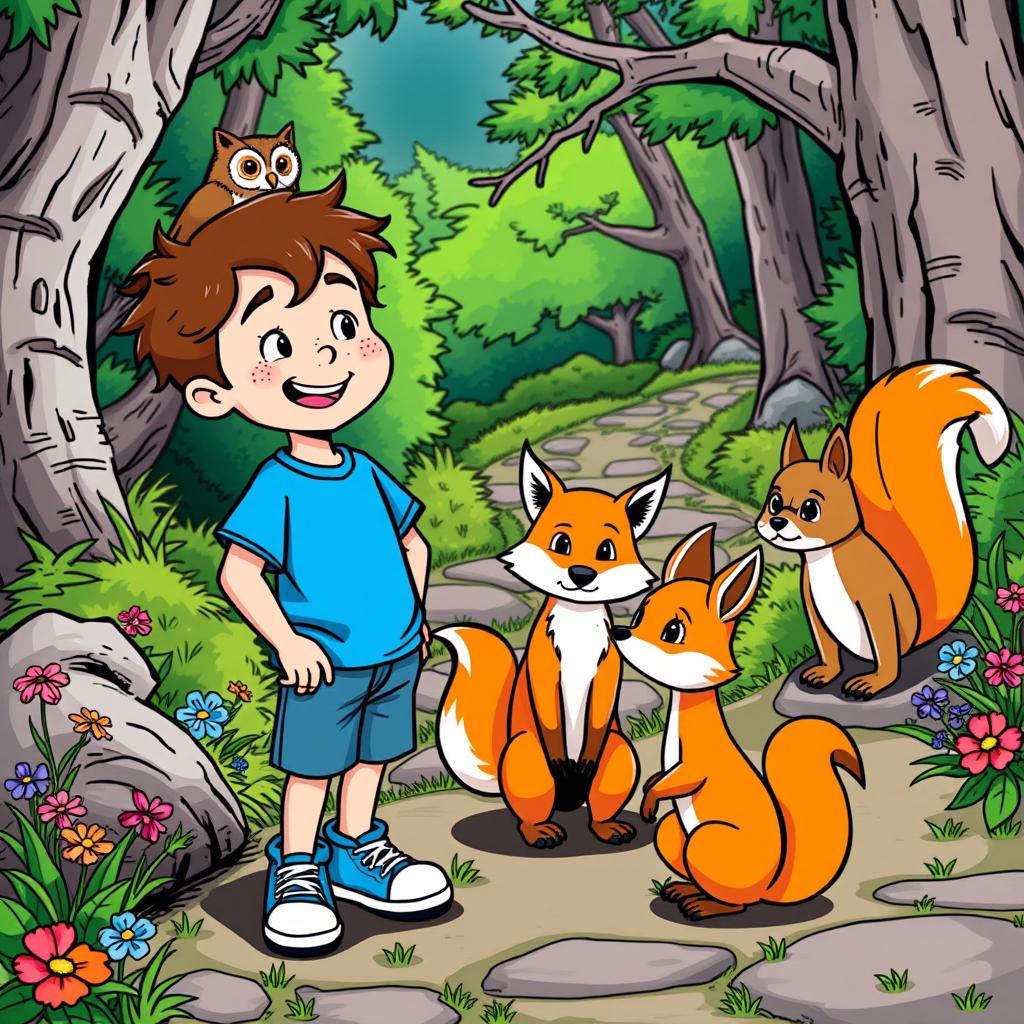Max, a cheerful boy with short brown hair and freckles, dressed in a blue t-shirt, denim shorts, and sneakers, interacts with three talking animals: a wise owl perched gracefully on a branch, a playful fox with bright orange fur, and a curious squirrel with a fluffy tail