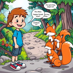 Max, a cheerful boy with short brown hair and freckles, dressed in a blue t-shirt, denim shorts, and sneakers, interacts with three talking animals: a wise owl perched gracefully on a branch, a playful fox with bright orange fur, and a curious squirrel with a fluffy tail