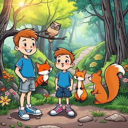 Max, a cheerful boy with short brown hair and freckles, dressed in a blue t-shirt, denim shorts, and sneakers, interacts with three talking animals: a wise owl perched gracefully on a branch, a playful fox with bright orange fur, and a curious squirrel with a fluffy tail