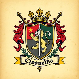 An artistic representation of the Córdoba family coat of arms, featuring traditional heraldic elements such as a shield, vibrant colors, ornate patterns, and noble symbols