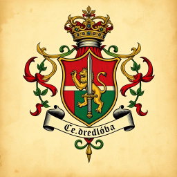 An artistic representation of the Córdoba family coat of arms, featuring traditional heraldic elements such as a shield, vibrant colors, ornate patterns, and noble symbols
