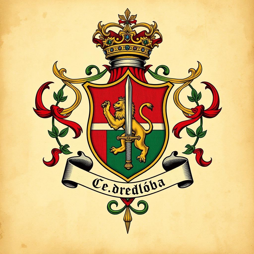 An artistic representation of the Córdoba family coat of arms, featuring traditional heraldic elements such as a shield, vibrant colors, ornate patterns, and noble symbols