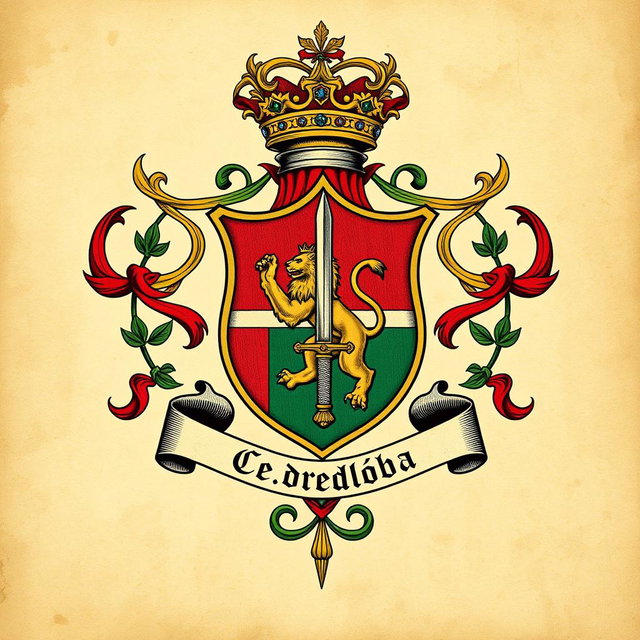 An artistic representation of the Córdoba family coat of arms, featuring traditional heraldic elements such as a shield, vibrant colors, ornate patterns, and noble symbols