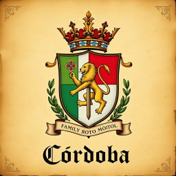 An artistic representation of the Córdoba family coat of arms, featuring traditional heraldic elements such as a shield, vibrant colors, ornate patterns, and noble symbols