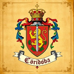 An artistic representation of the Córdoba family coat of arms, featuring traditional heraldic elements such as a shield, vibrant colors, ornate patterns, and noble symbols