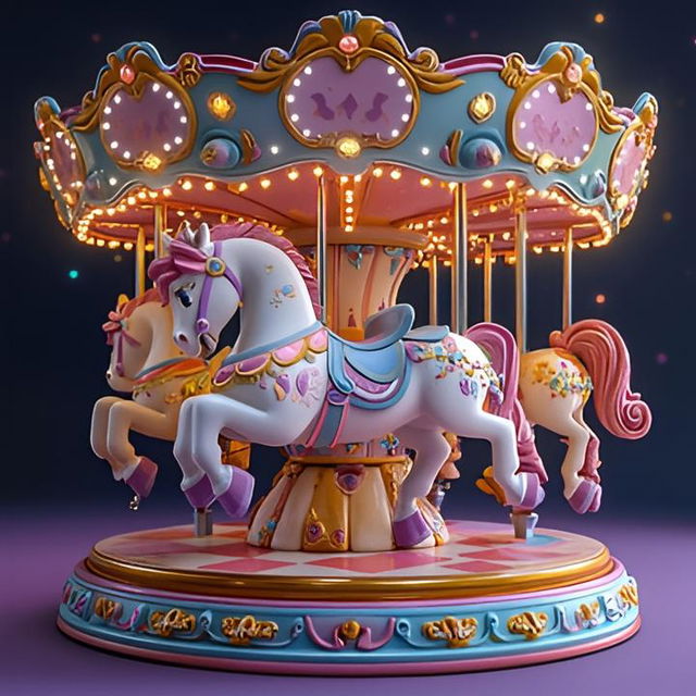 A whimsical and colorful carousel featuring intricately designed, pastel-colored unicorns as the main attraction, adorned with enchanting details such as ribbons and sparkles