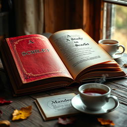 An open vintage book lying on a rustic wooden table, its pages gently fanned out, revealing the text 'A Study in Scarlet' elegantly written on the page