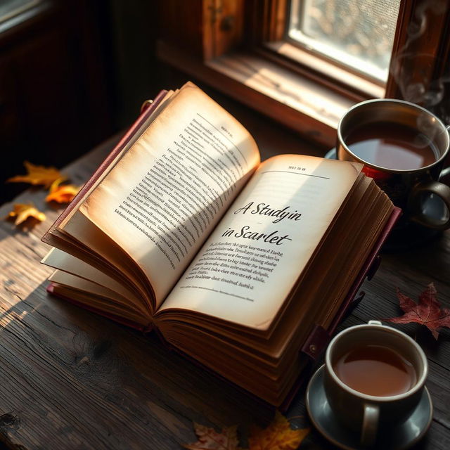 An open vintage book lying on a rustic wooden table, its pages gently fanned out, revealing the text 'A Study in Scarlet' elegantly written on the page