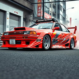 A 1990 Toyota Camry designed in the Rocket Bunny style, showcasing extensive body modifications with wide fenders, a low stance, and a bold, aggressive front bumper