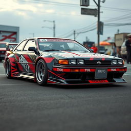 A 1990 Toyota Camry designed in the Rocket Bunny style, showcasing extensive body modifications with wide fenders, a low stance, and a bold, aggressive front bumper