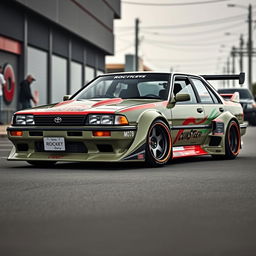 A 1990 Toyota Camry designed in the Rocket Bunny style, showcasing extensive body modifications with wide fenders, a low stance, and a bold, aggressive front bumper