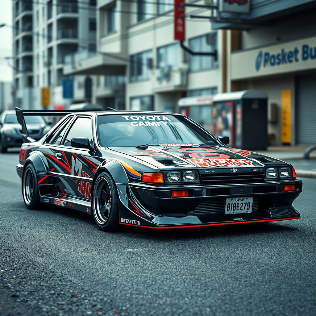 A 1990 Toyota Camry designed in the Rocket Bunny style, showcasing extensive body modifications with wide fenders, a low stance, and a bold, aggressive front bumper