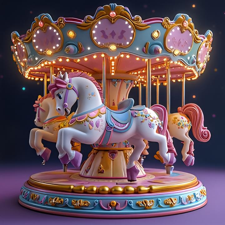 A whimsical carousel featuring vibrant, pastel-colored carousel horses adorned with intricate designs and decorative elements