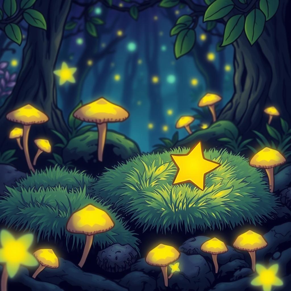 A small, glowing golden star resting on soft green moss in a magical forest