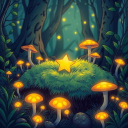 A small, glowing golden star resting on soft green moss in a magical forest