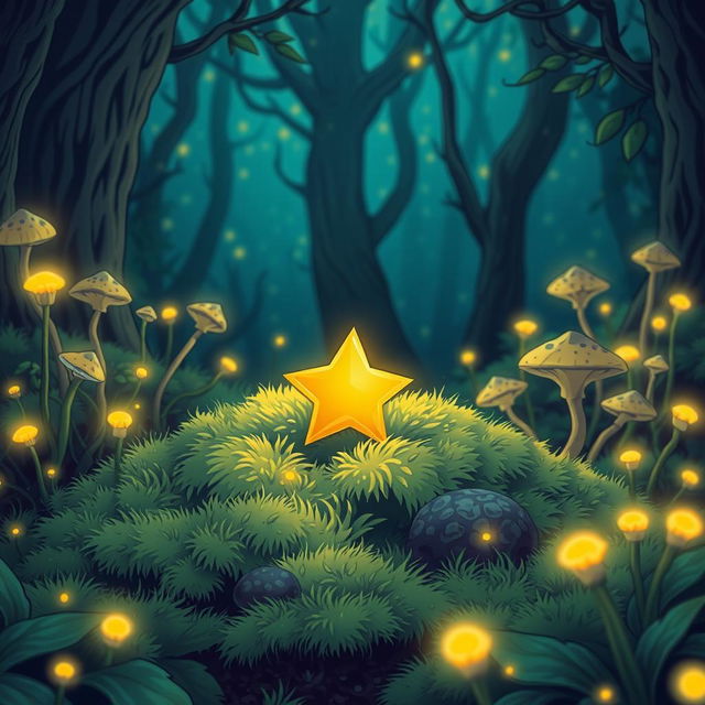 A small, glowing golden star resting on soft green moss in a magical forest