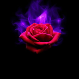 A striking music album cover featuring a vibrant red rose exuding a mystical purple aura, set against a deep black void background