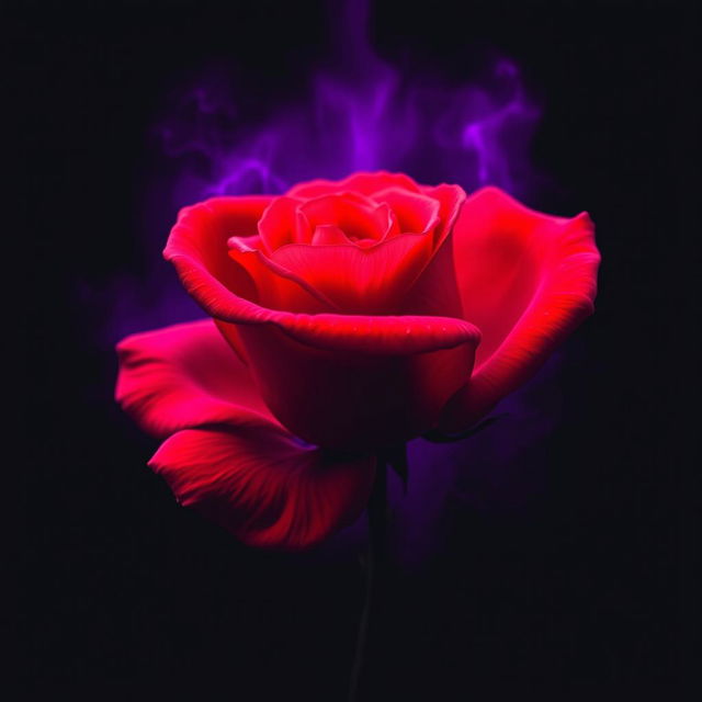 A striking music album cover featuring a vibrant red rose exuding a mystical purple aura, set against a deep black void background