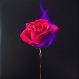 A striking music album cover featuring a vibrant red rose exuding a mystical purple aura, set against a deep black void background