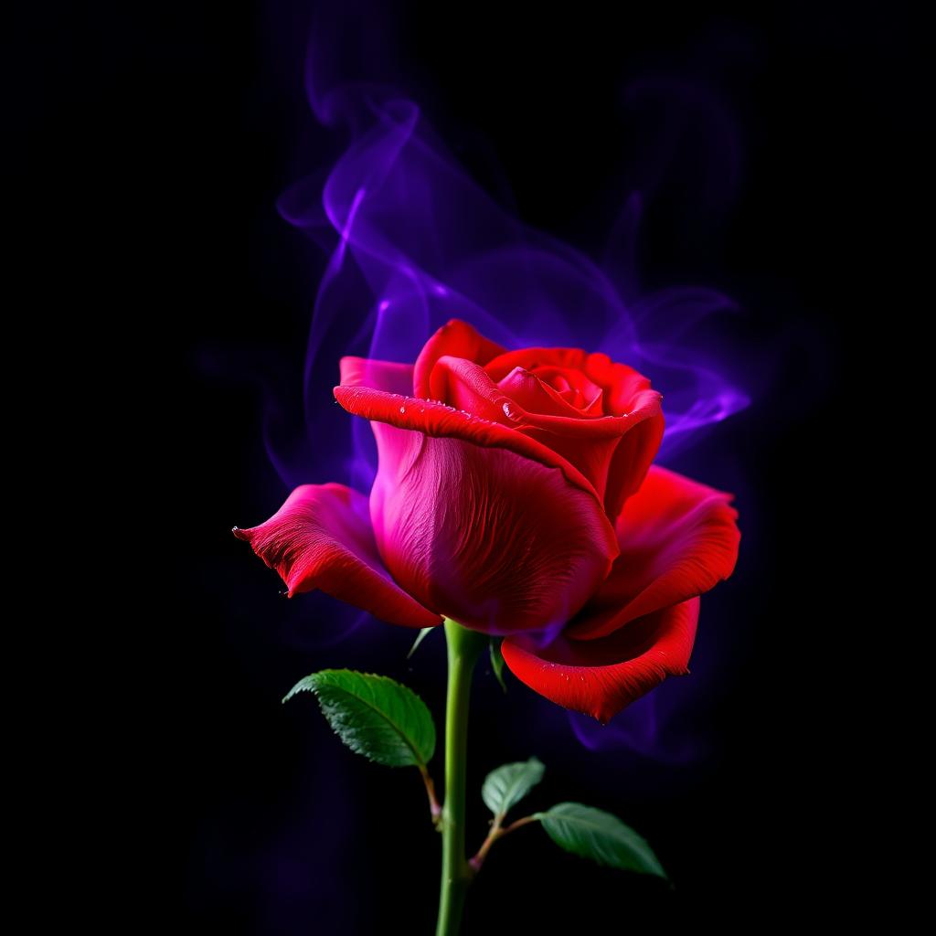 A striking music album cover featuring a vibrant red rose exuding a mystical purple aura, set against a deep black void background