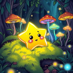 A small, glowing golden star with sparkly eyes and a mouth, lying on soft green moss in a magical forest