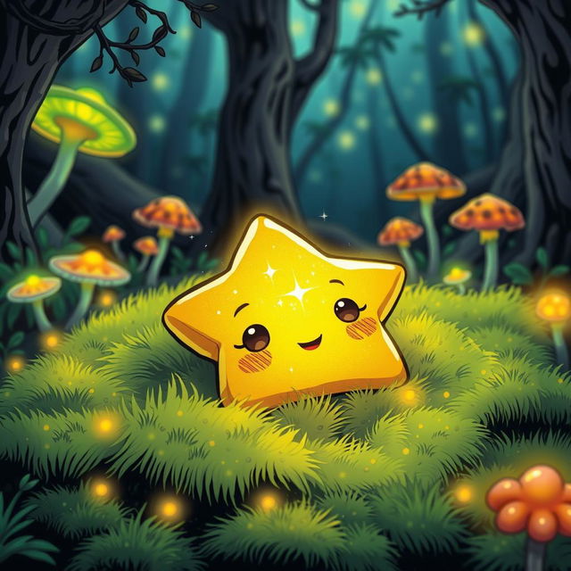 A small, glowing golden star with sparkly eyes and a mouth, lying on soft green moss in a magical forest