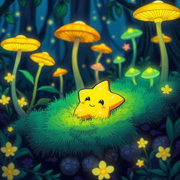 A small, glowing golden star with sparkly eyes and a mouth, lying on soft green moss in a magical forest