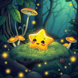A small, glowing golden star with sparkly eyes and a mouth, lying on soft green moss in a magical forest