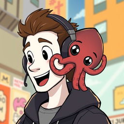 A cartoon of a man with a white face, black eyes, and a mouth wearing headphones