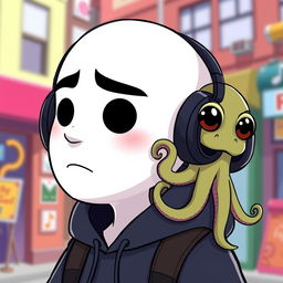 A cartoon of a man with a white face, black eyes, and a mouth wearing headphones