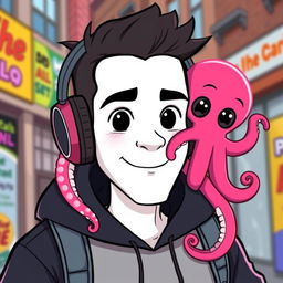 A cartoon of a man with a white face, black eyes, and a mouth wearing headphones