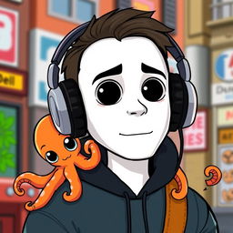 A cartoon of a man with a white face, black eyes, and a mouth wearing headphones