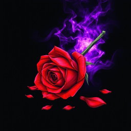 A stunning music album cover in manga art style featuring a beautifully detailed fallen red rose surrounded by a mystical purple aura, set against a deep black void background