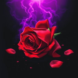A stunning music album cover in manga art style featuring a beautifully detailed fallen red rose surrounded by a mystical purple aura, set against a deep black void background