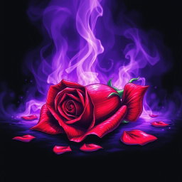 A stunning music album cover in manga art style featuring a beautifully detailed fallen red rose surrounded by a mystical purple aura, set against a deep black void background