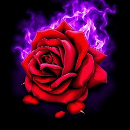 A stunning music album cover in manga art style featuring a beautifully detailed fallen red rose surrounded by a mystical purple aura, set against a deep black void background
