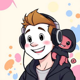 A cartoon depicting a man with a white face, large black eyes, and a mouth, wearing stylish headphones