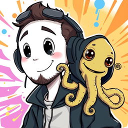 A cartoon depicting a man with a white face, large black eyes, and a mouth, wearing stylish headphones