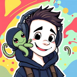 A cartoon depicting a man with a white face, large black eyes, and a mouth, wearing stylish headphones