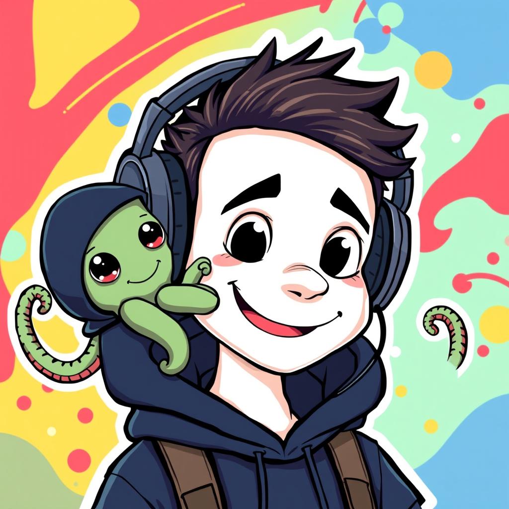 A cartoon depicting a man with a white face, large black eyes, and a mouth, wearing stylish headphones