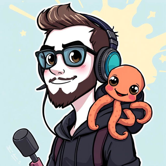 A cartoon depicting a man with a white face, large black eyes, and a mouth, wearing stylish headphones