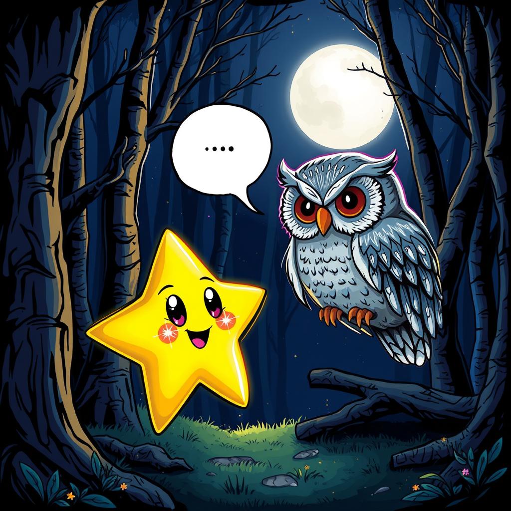 A glowing star with sparkly eyes and a mouth, engaging in conversation with a wise owl that has shimmering silver feathers