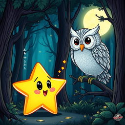 A glowing star with sparkly eyes and a mouth, engaging in conversation with a wise owl that has shimmering silver feathers