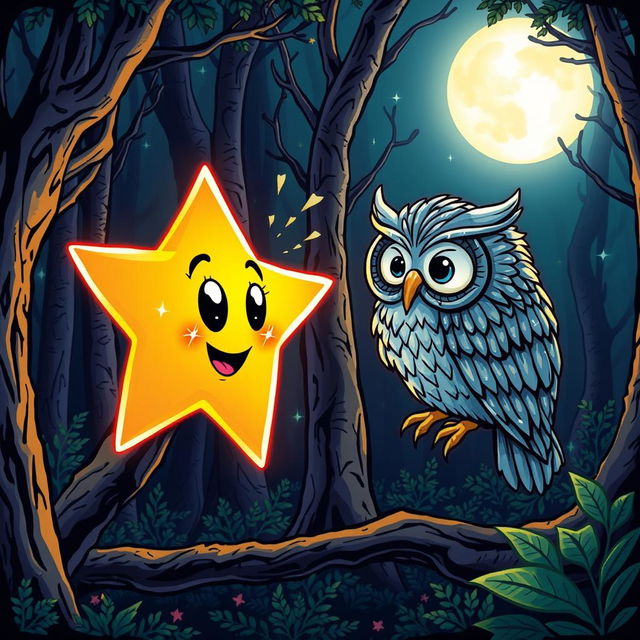 A glowing star with sparkly eyes and a mouth, engaging in conversation with a wise owl that has shimmering silver feathers