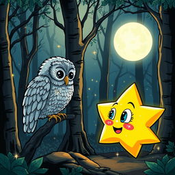 A glowing star with sparkly eyes and a mouth, engaging in conversation with a wise owl that has shimmering silver feathers