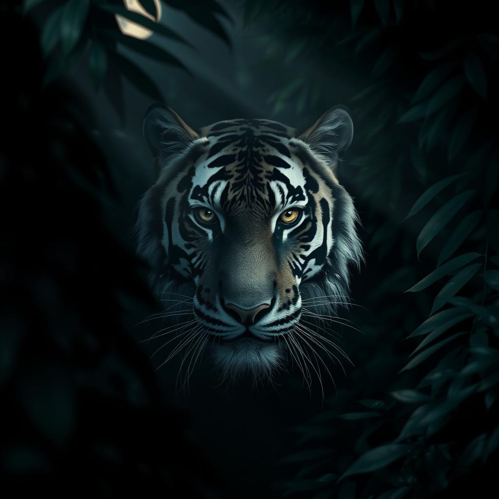 A mysterious and striking portrait of a black and white tiger blending into a dark, lush jungle backdrop
